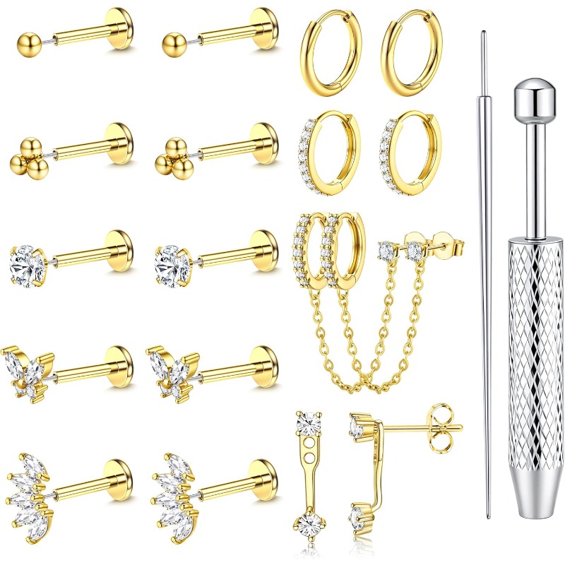 2d Flat, 16g/18g/20g Flat Back Earrings For Women Surgical Steel Stud Hoop Earrings Push In Nose Studs Hypoallergenic Cz Cartilage Earring Set Labret Helix Tragus Conch Piercing Jewelry