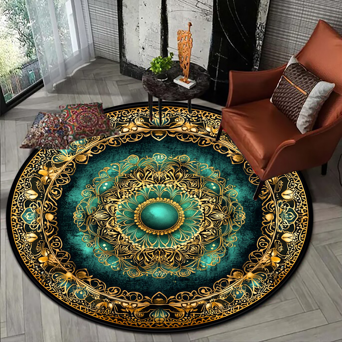 TEMU 1pc Round Carpet With Green Starry Pattern, Suitable For Bedroom And Living Room Decoration, Indoor Use