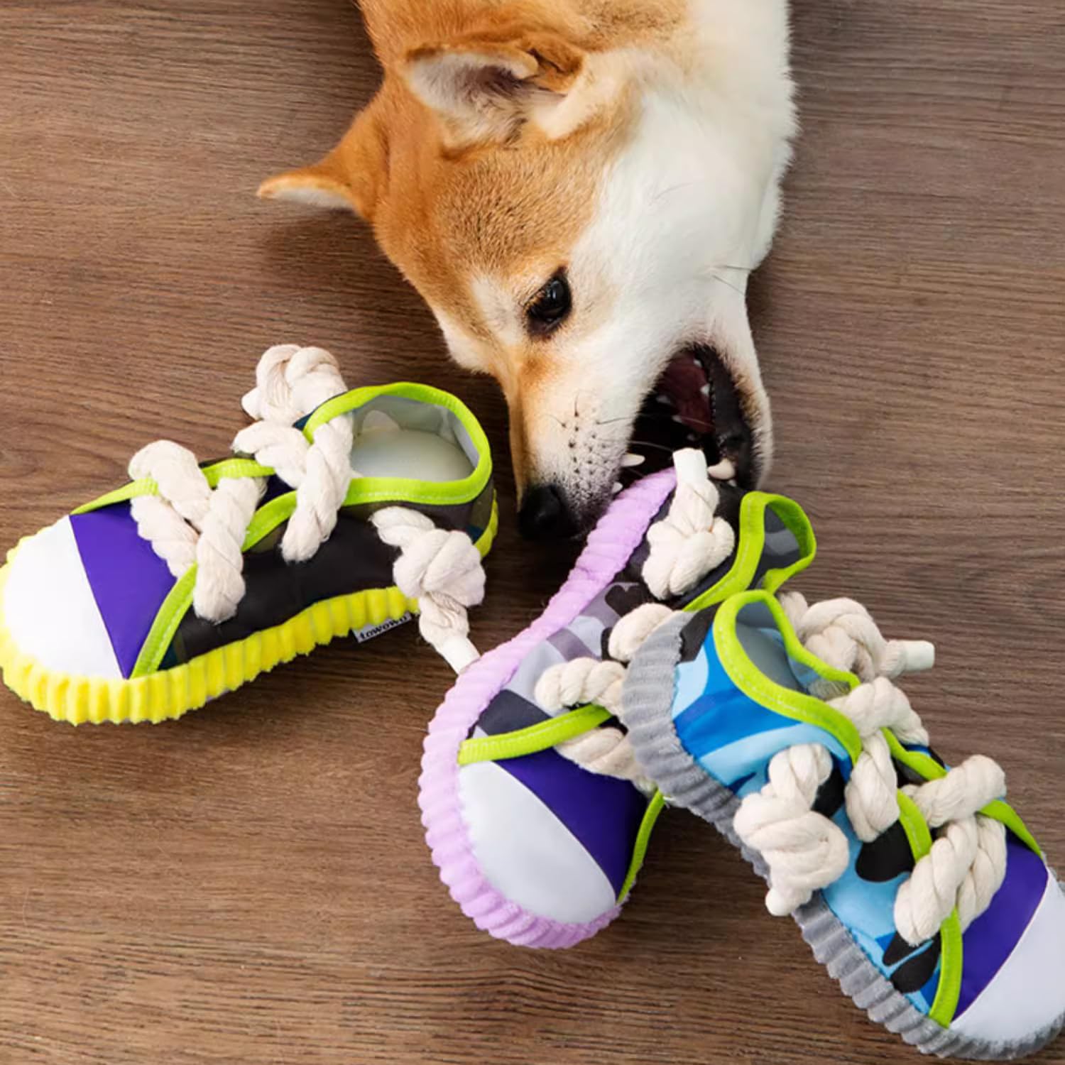 Dog Slipper Toy, Fabric/Canvas Rope Knot Design Toy (With Hanging Loop, Squeaky/Squeaker-Free Optional, Non-Toxic Safe Material), for Puppies, Small-Medium Dogs (Shih Tzu/Chihuahua/Pomeranian), All Breeds, Teething, Dental Cleaning, Tug-Of-War