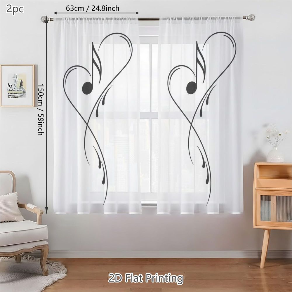 TEMU 2D Plat - 2D Plat - 2D Plat, 2pcs Petites Rideaux Voilages Printemps Été, Cœur avec Fluentes et Design de Notes de Musique, Parfait pour Salons,