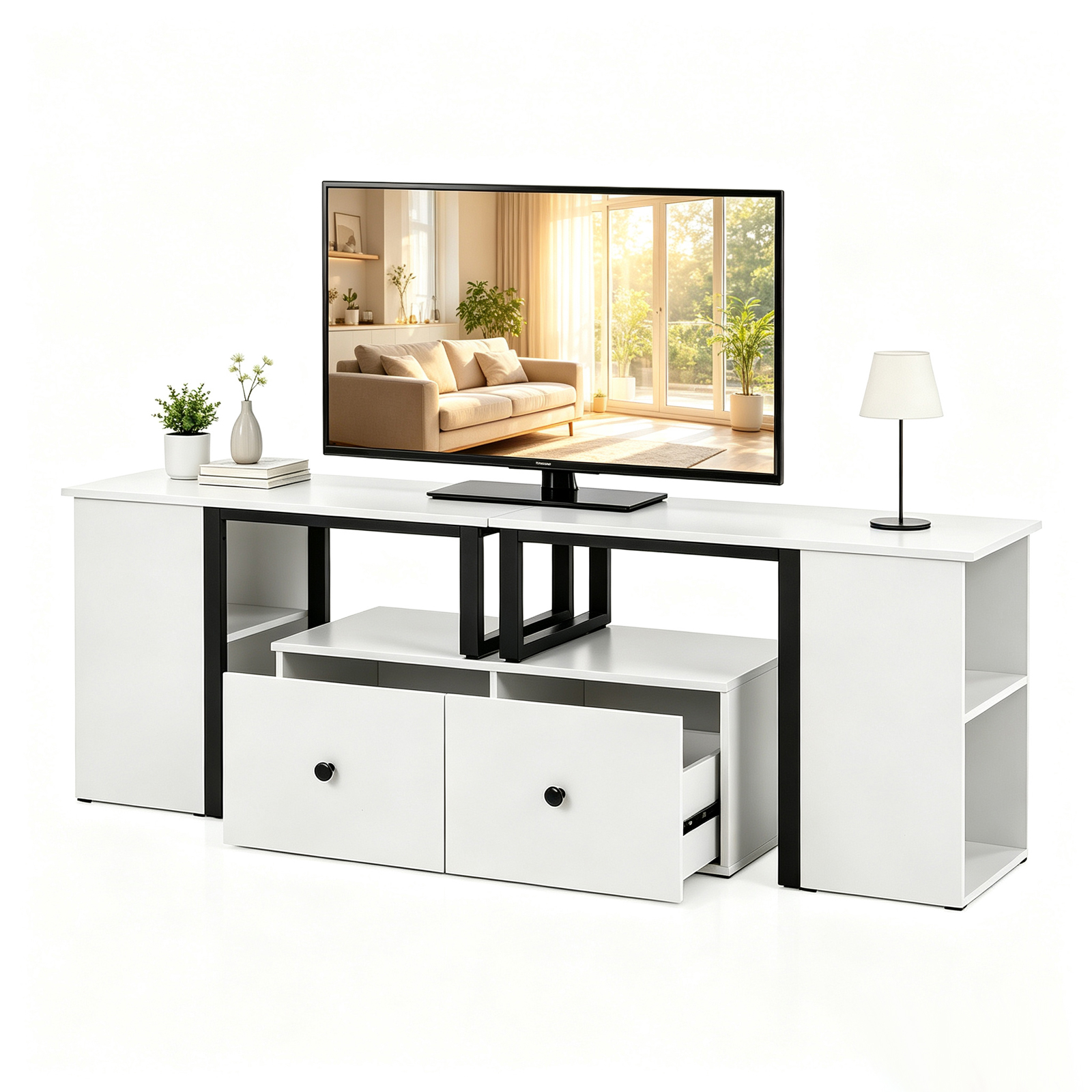 Image of Wood Tv Cabinet, Lowboard Tv Stand With 2 Large Drawers And 4 Compartments, Tv Unit For Living Room, Load Capacity Up To 100 Kg, 140 X 30 X 50 Cm