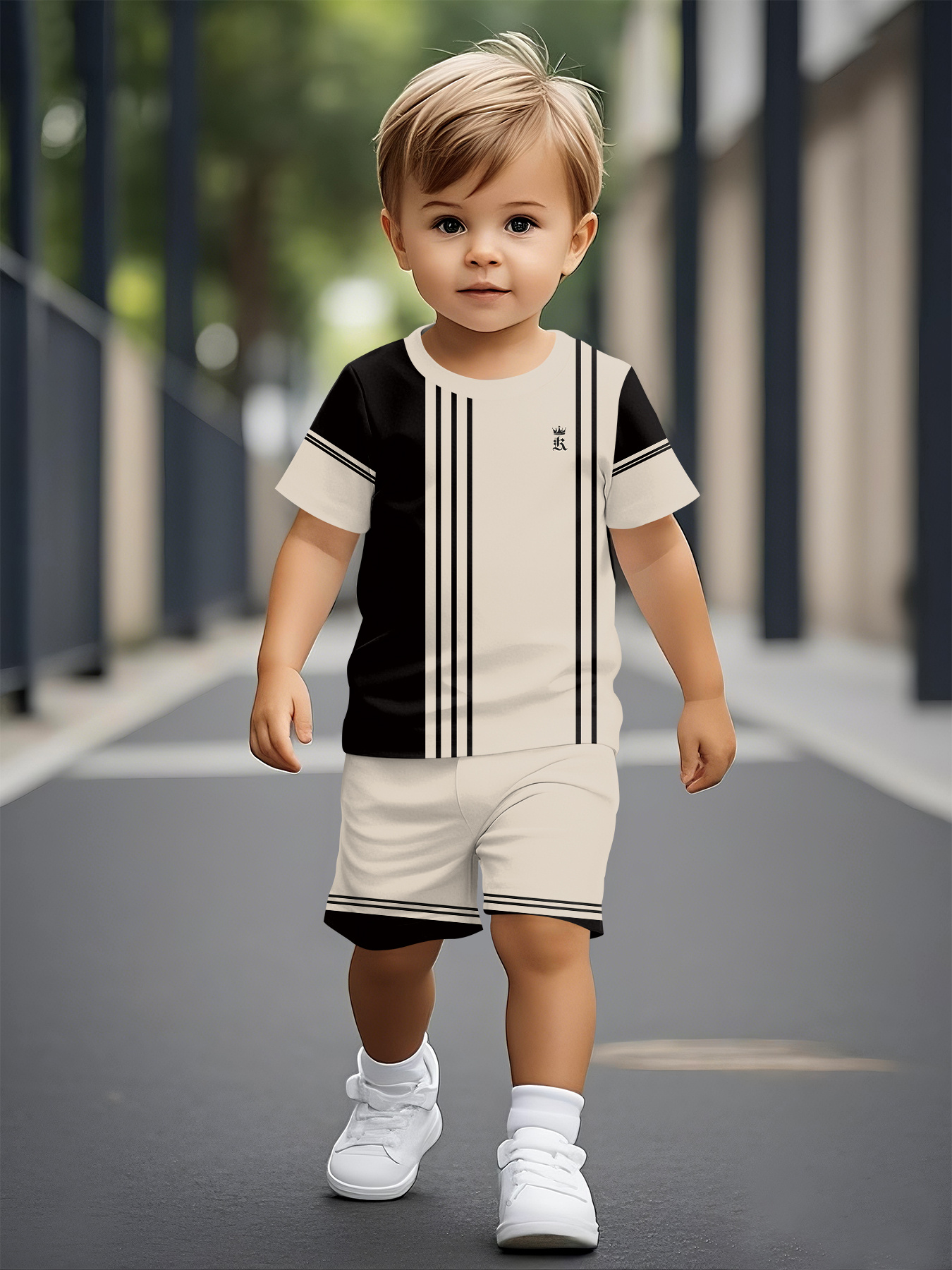summer short sleeved set for boys featuring trendy black and yellow striped pattern print a stylish and comfortable short sleeved outfit for outdoor