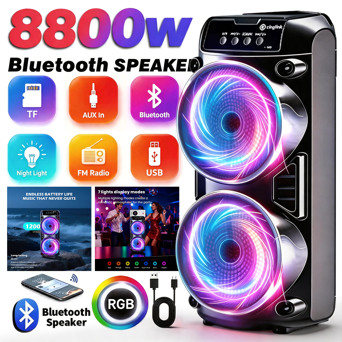 Portable Wireless Wireless Speaker, Wireless 5.3 High Fidelity Loudspeaker, Dynamic Led Light Show, Tws Pairing, Fm, Tf, Usb , Great Portable Sound For Birthday And Holiday Gifts For