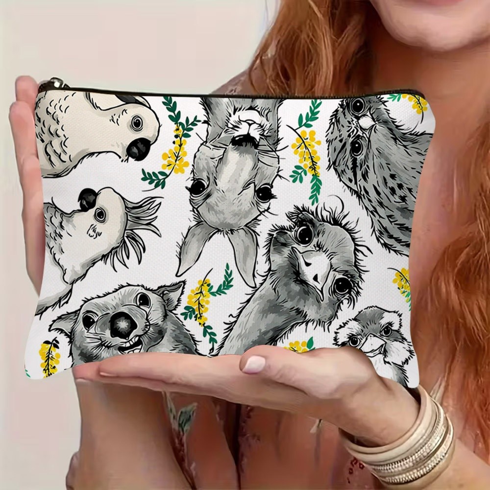 TEMU 1pc 1pcs Australian-themed Hand-drawn Koala & Roosteratoo Makeup Bag - Double-sided Suitable For Koala, Roosteratoo & Mimosa Floral Print