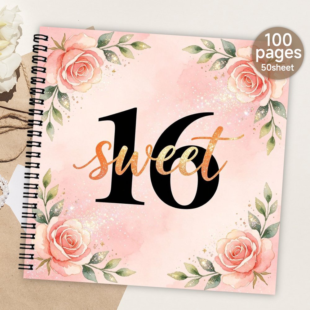 TEMU 1pc Spiral Guestbook, Sweet 16th Birthday Party Guest Book, Meaningful Gift And Souvenir Album For , Pink Watercolor Floral Style Message And