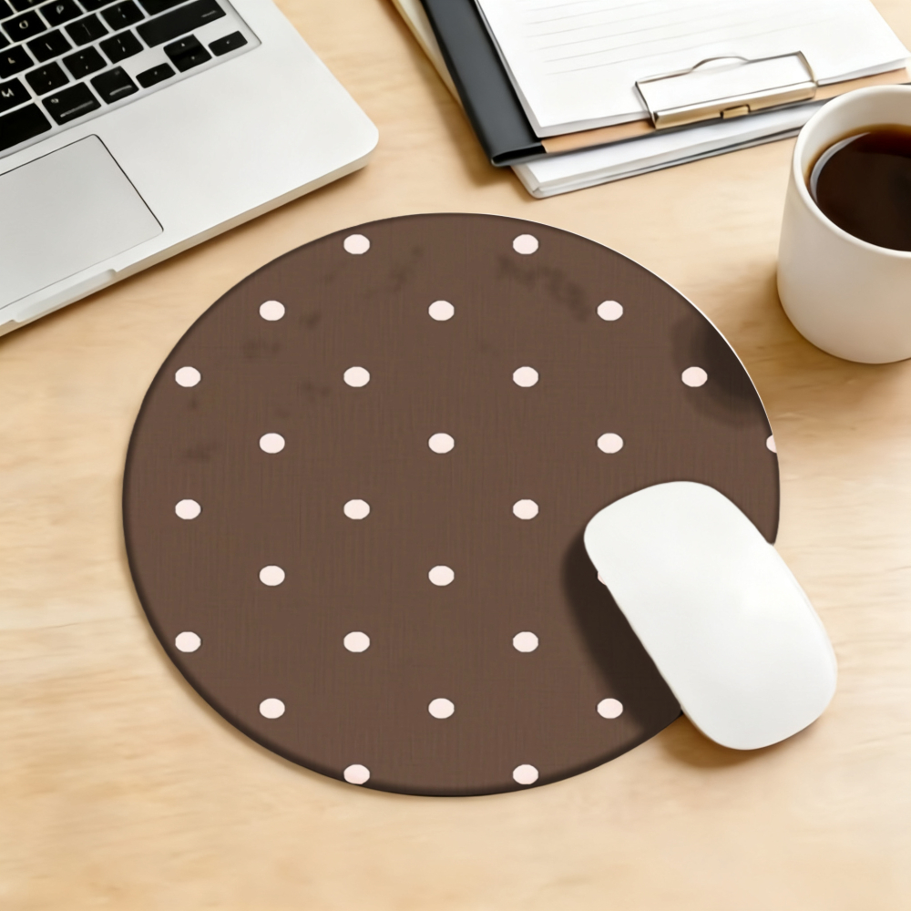 TEMU Round Mouse Pad & Desk Mat Compatible For Pc/laptop - Brown & White Polka Dot Pattern, Minimalist Office Computer Accessory Suitable For Home ,