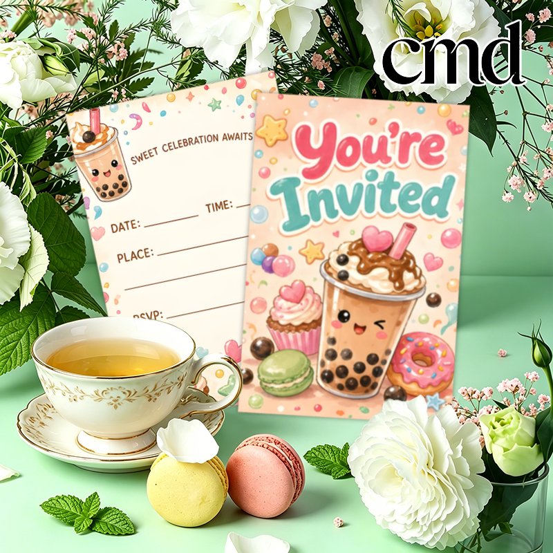 TEMU [2d Flat] 20pcs Party Invitations (no Envelopes), 20pcs Birthday Invitations, Pastel Boba Tea Themed Party Invites, 30th 40th 50th Birthday
