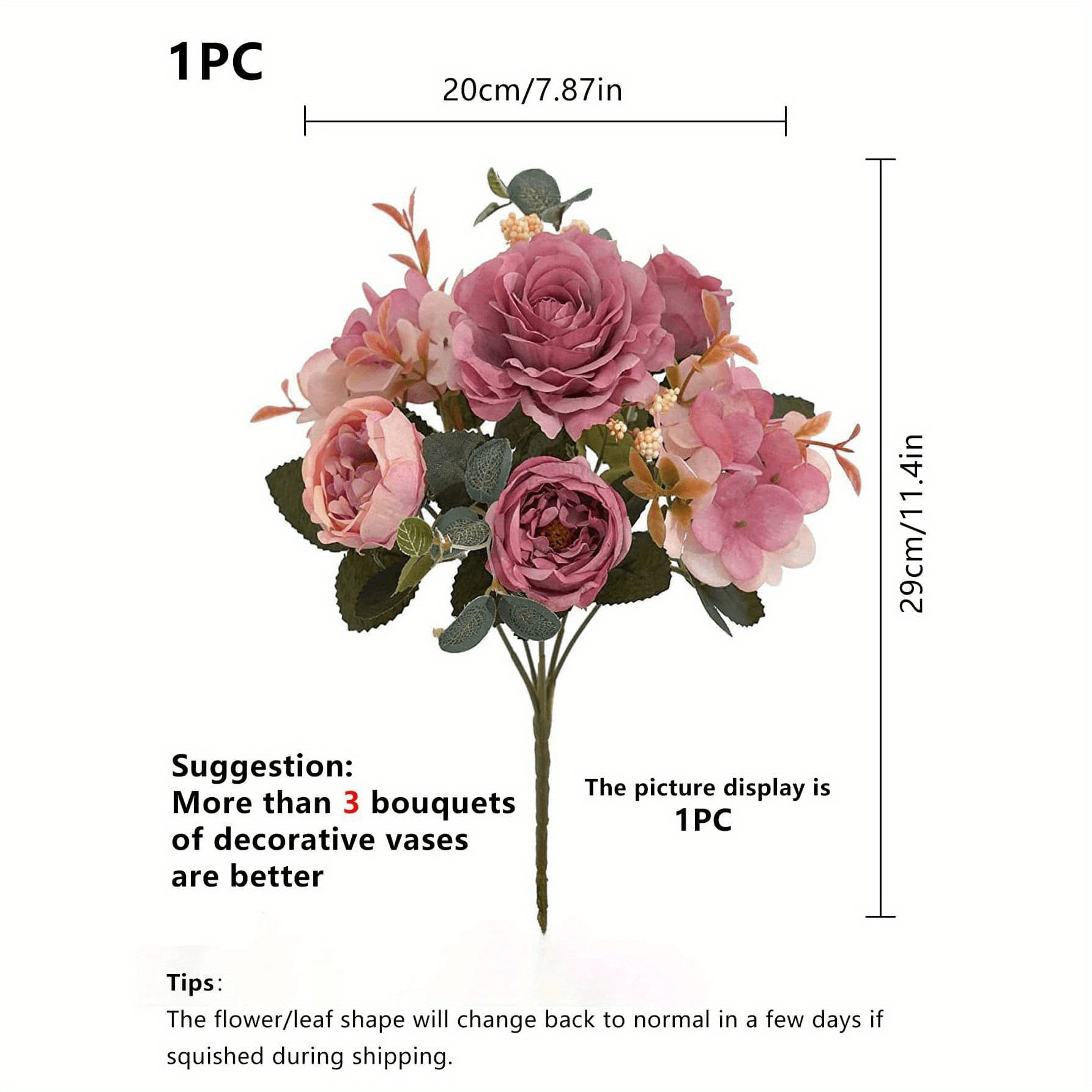 TEMU 1pc Outdoor Artificial Hydrangea, Peony, And Rose Handheld Bouquet, Uv-resistant Plastic Flowers, Indoor Home Decor For Bedroom Floral
