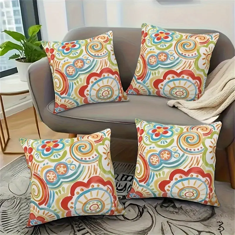 4pcs retro geometric floral print pillow covers double sided 2d printed soft plush cushion covers with zipper closure machine washable multiple sizes for living room bedroom sofa decor decorative pillow covers bedroom accessories accents durable fabric covers 2d flat Product details 4