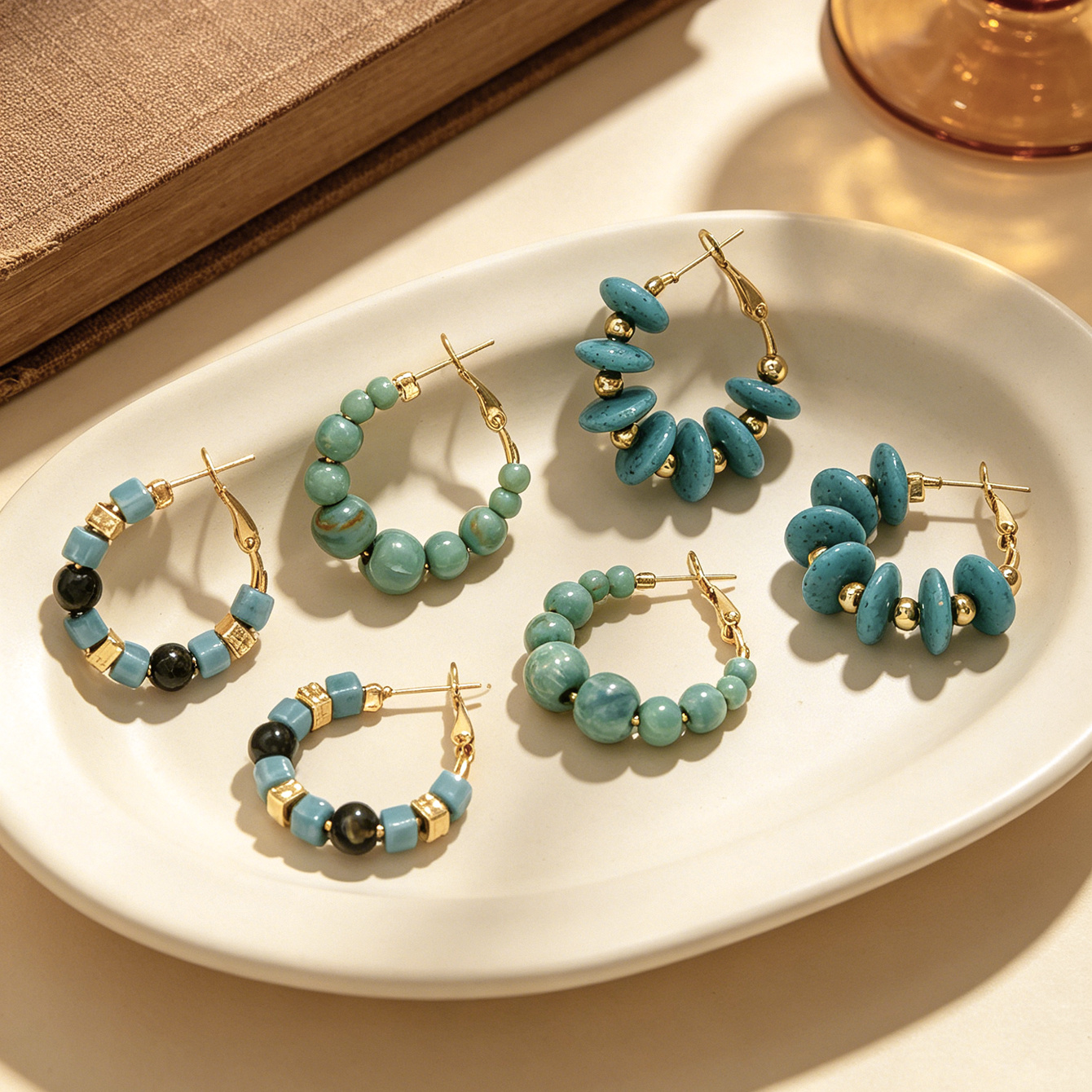 TEMU 3 Pairs Of Exquisite And Simple Blue Flat Bead + Round Bead + Small Square-shaped Design, Women's Fashionable Hoop Earrings, Elegant, Cute,