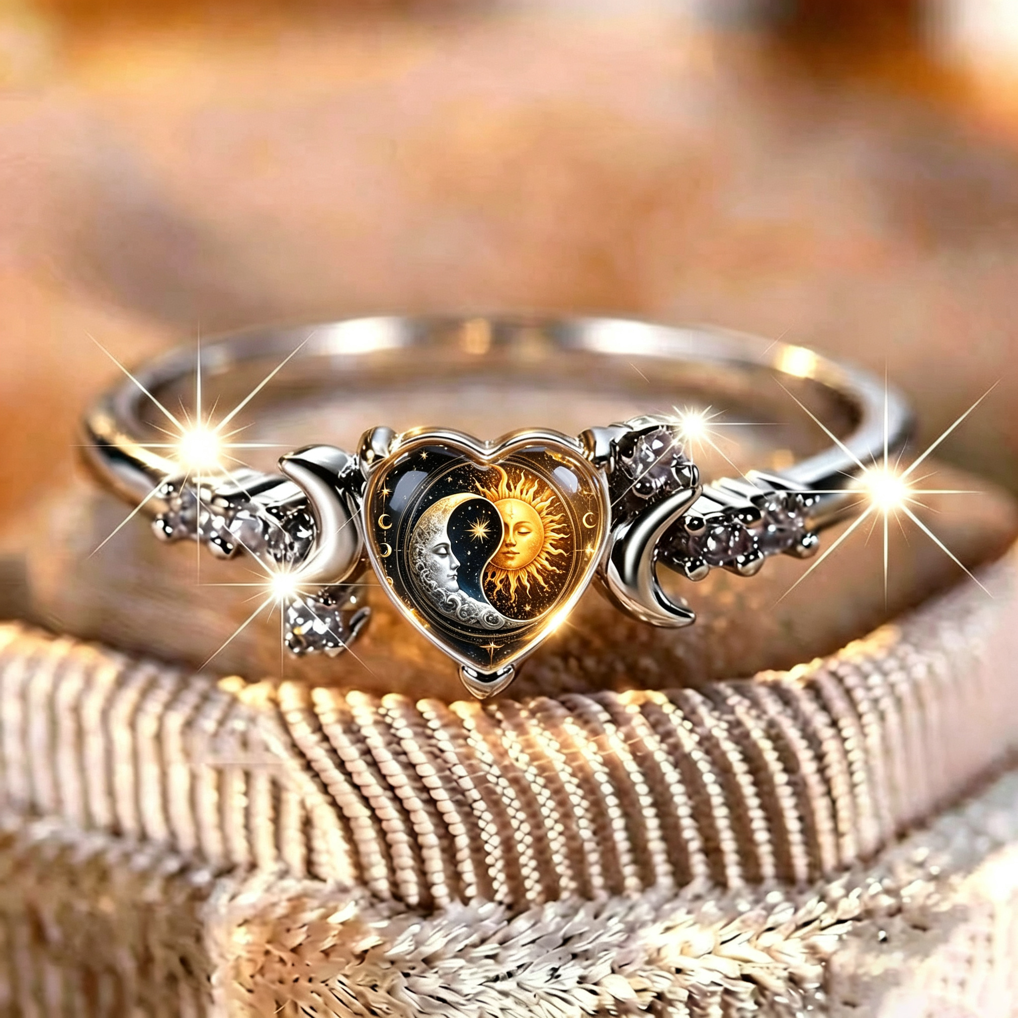 TEMU Black Golden Yin Heart Ring, With Accents, Bohemian Celestial Style Women's Ring, Niche Accessory