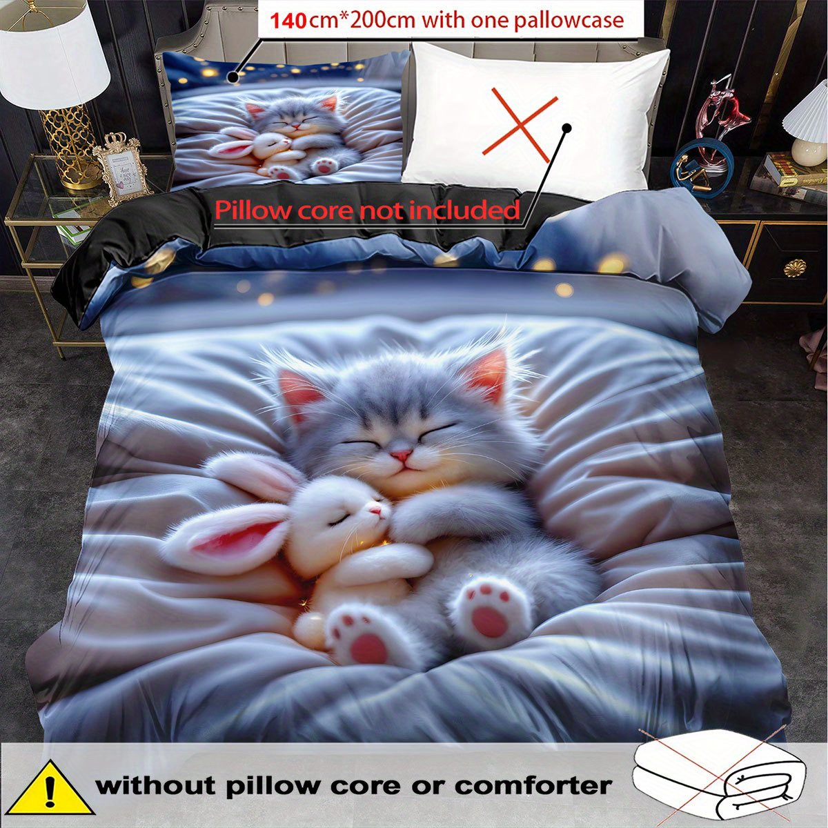 TEMU Kawaii Blue Bedding Cute Animal Duvet Cover Set King Quilt Cover Cat Rabbit Bedroom Decor Birthday And Holiday Gifts-2/ 3pcs 2d Flat Printing