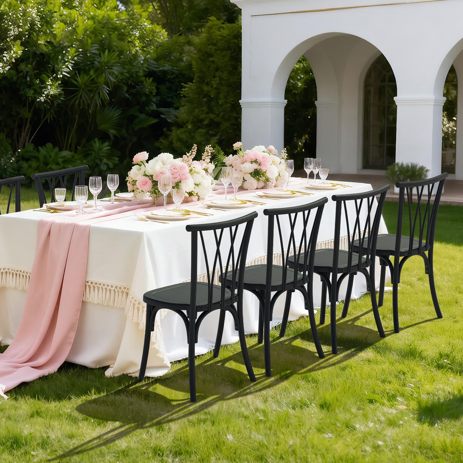 Plastic Outdoor Dining Chairs Set of 4/8, Stackable Patio Chairs with Wicker Backrest, Waterproof Indoor Outdoor Kitchen Chairs, 400 Lbs Weight Capacity, Farmhouse Brown/Black/White Wedding Party Banquets Waiting Chairs