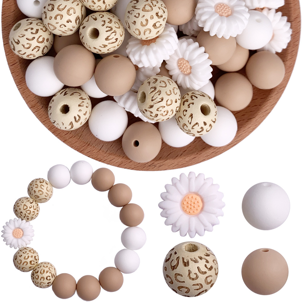 

30pcs White Daisy Silicone & Wood Grain Bead Set For Making - Ideal For Pens, Necklaces, Keychains - Craft Gift Kit With Spacer Beads