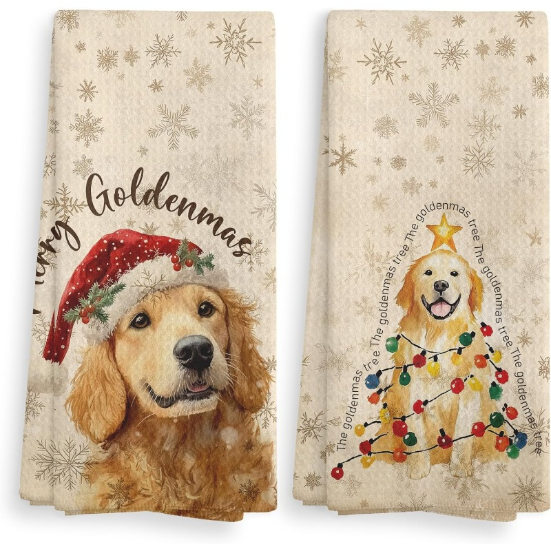 

2pcs Golden Retriever Christmas Kitchen Towels - , Machine Washable Polyester Dish Cloths With Vintage Design - Gift For Dog Lovers