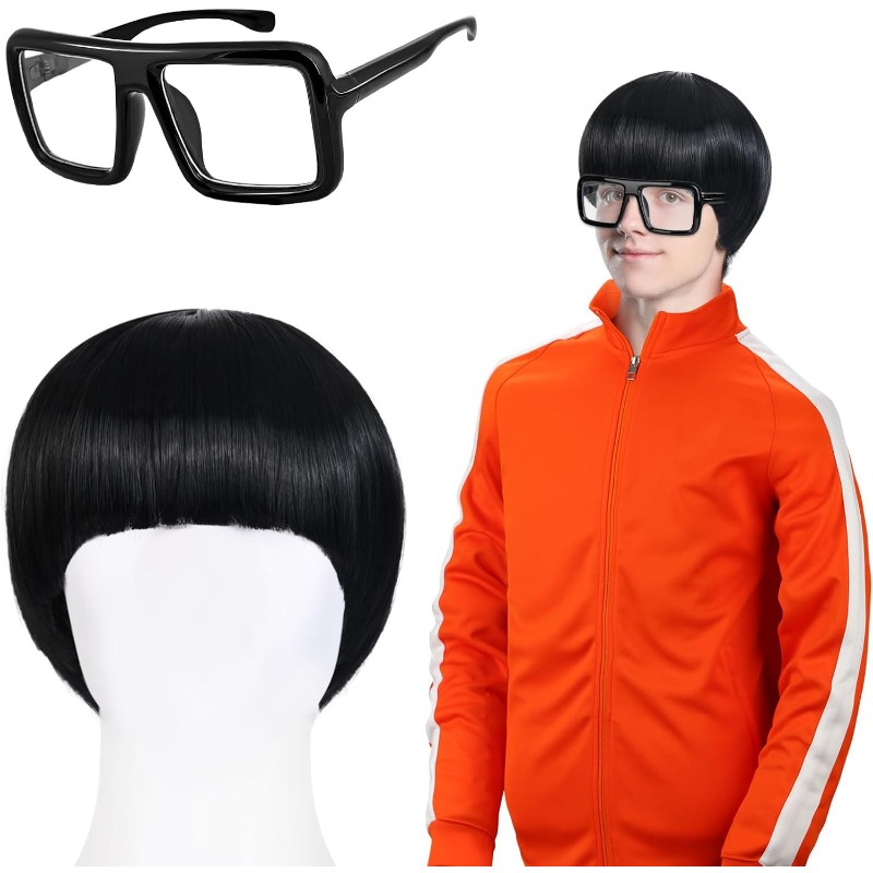 Halloween Short Mushroom Wig And Black Frame Glasses For Men Women Dress Up