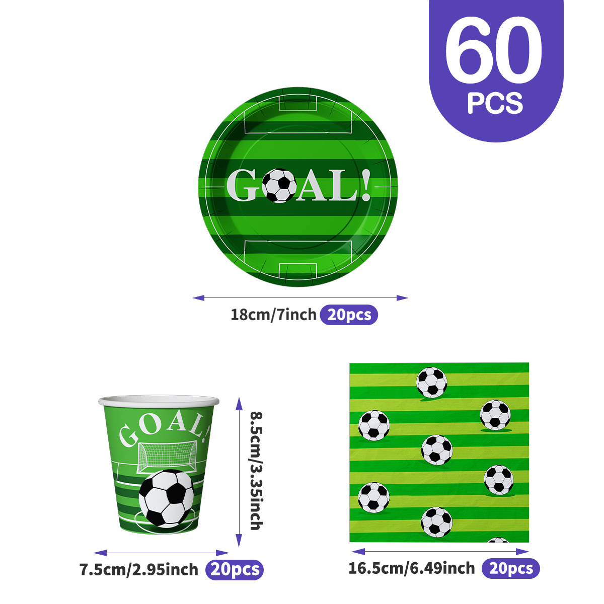 TEMU Événement de Football 2026, Ensemble de Vaisselle de Fête sur le Thème du Football 60 Pièces à Rayures pour GOAL (20 Assiettes de 7 Pouces + 20