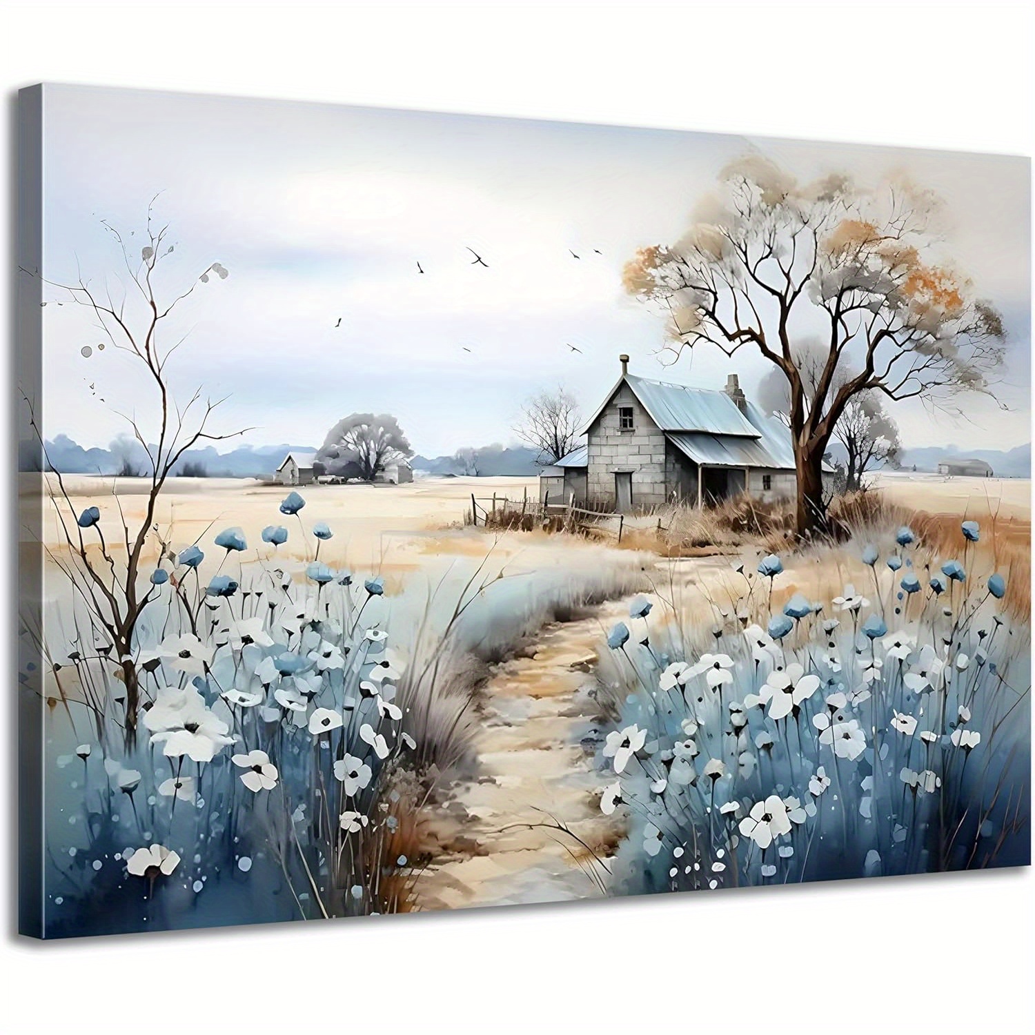 TEMU [2d Flat] Framed Rustic Farmhouse Canvas Wall Art, Beautiful Field Of Wildflowers With Barn, Nature Scenery Painting, Poster For Bathroom, Bedroom, Living Room, Office Wall Decor