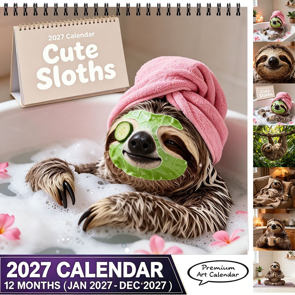 TEMU 2027 Wall Calendar 8.3x8.3 Inch Cute Sloth Themed Monthly Calendar With Funny Spa Sloth Illustrations Thick Paper Hanging Calendar For Home