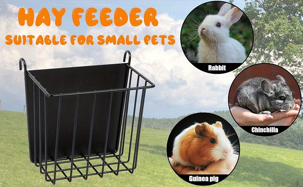 Robuuste constructie, zware metalen hooivork voor konijnen en cavia's - Zwart draadframe met gemakkelijk te installeren haak, ideaal voor het voeren van kleine dieren, 17,5 x 11,9 x 16,8 cm