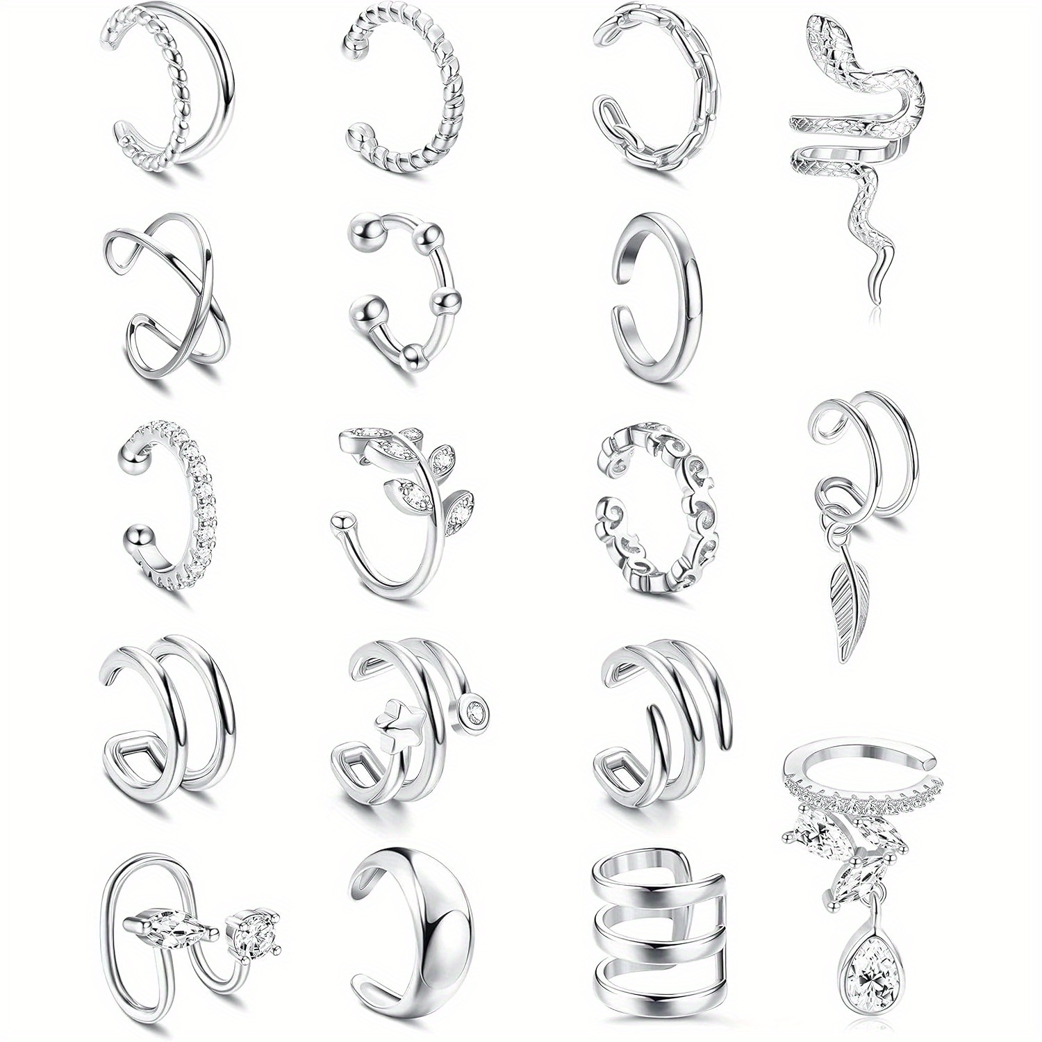 Image of 18pcs Pcs Women' Non-piercing Adjustable Clip-on Ear Cuffs - Clip-on Cartilage & Helix Earrings Suitable For Beer Festival, Parties,, Graduation, Wear, Elegant & Ear Jewelry For Cartilage Wraps