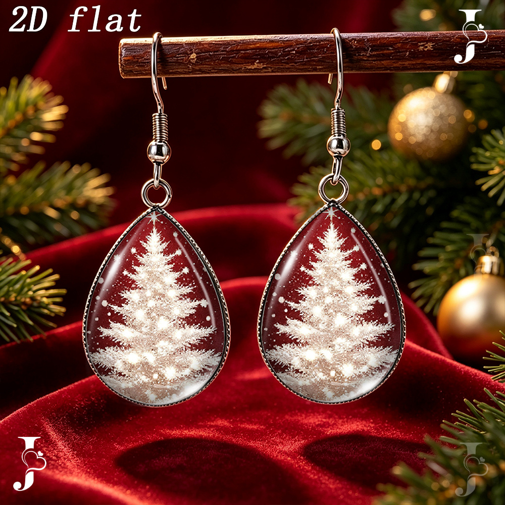 TEMU 1pair Teardrop Dangle Earrings With Wine Red Background White Glowing Christmas Tree Snowflake Pattern, Glass Dangle Handmade Jewelry Gift, 2d