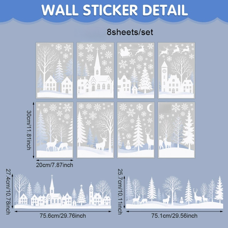 TEMU 1 Set White Snowflake Town Christmas Static Cling Window Decals, Sleigh Moon Pattern Glass Stickers, Pvc Adhesive-free Reusable Decals, Store