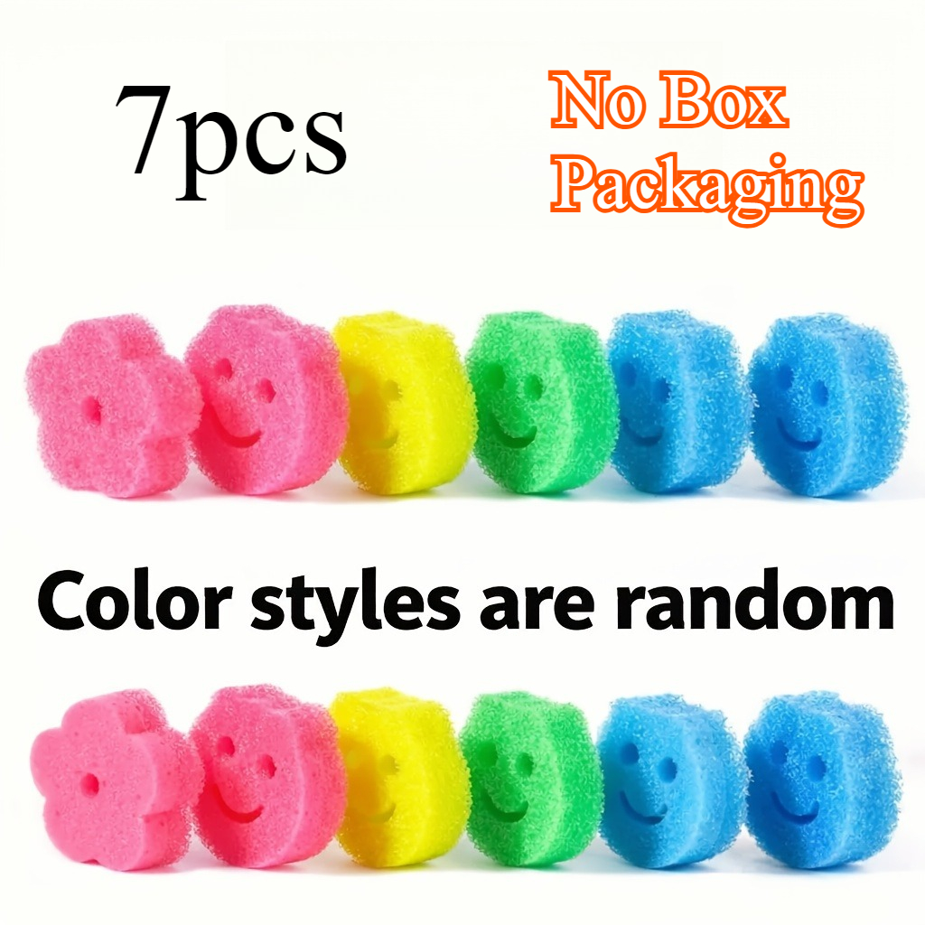 TEMU 7pcs Versatile Household Cleaning Sponges With Happy Pattern, High Density Thick Material And Hanging Hole, Gentle Yet Powerful Cleaner For