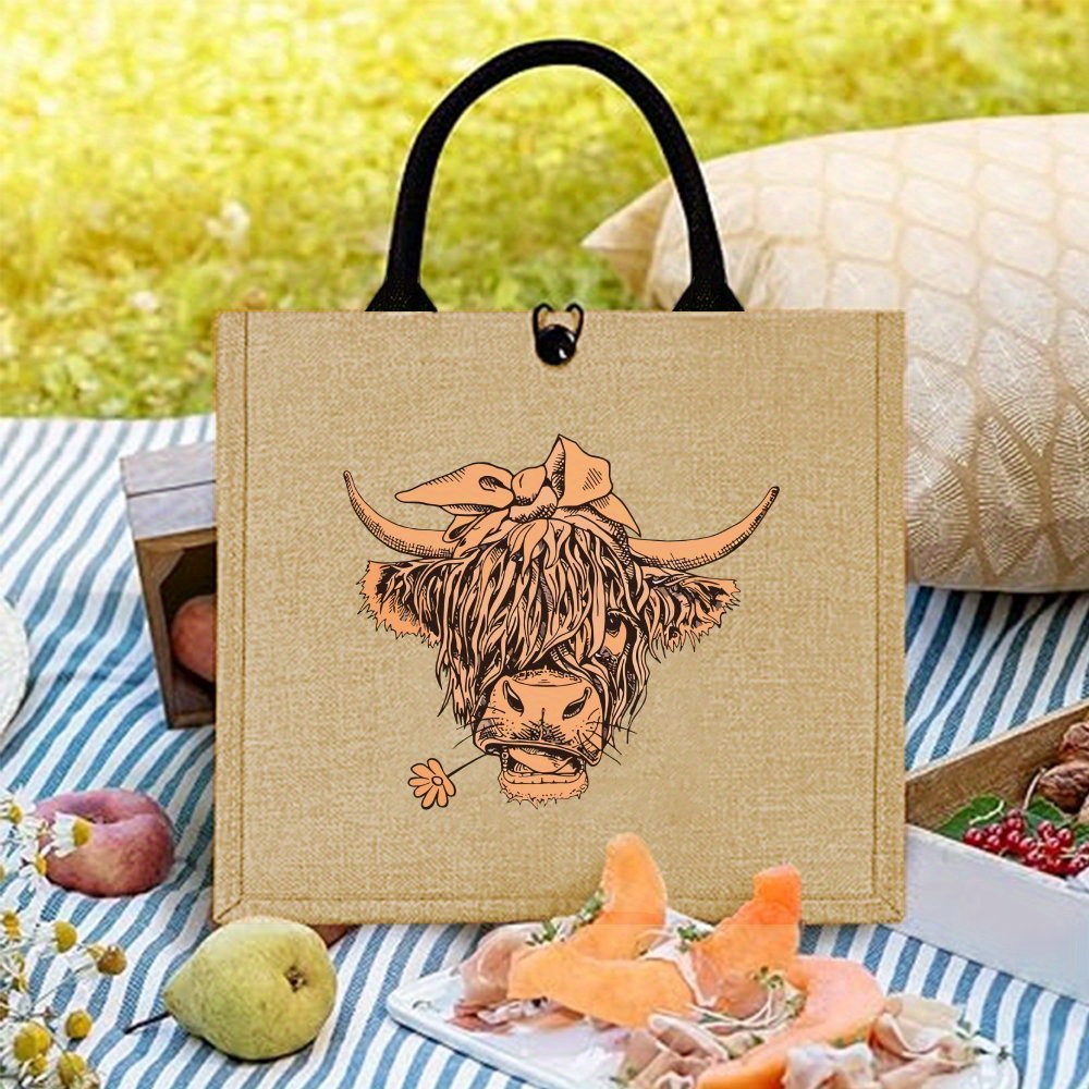 TEMU 1pc, Funny Highland Cow Jute Bag Funny Tote Bag, Gift, Printed Handbag Large Capacity Trendy Jute Bags For Outdoor Picnic, Party, Travelling,