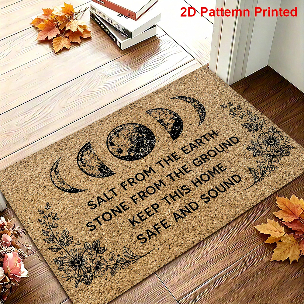 TEMU 1pc Linen-look Moon Phase Natural Coconut Shell Halloween Themed Decorative Printed Doormat, 2d Flat Printing, Thickened Soft Non-woven Flannel