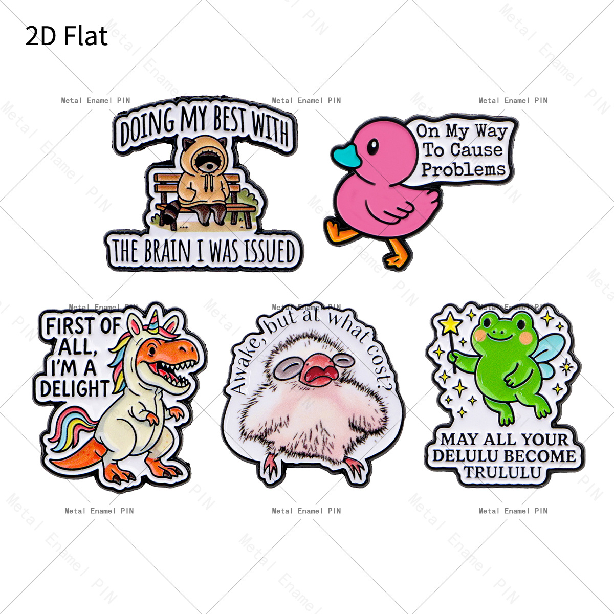 TEMU 2d Flat, 2d Flat 5pcs/set Cute Funny Quote Animal Lapel Pin Enamel Pins And Brooches Badge Pins For Backpacks Bags Backpack Cool Decoration