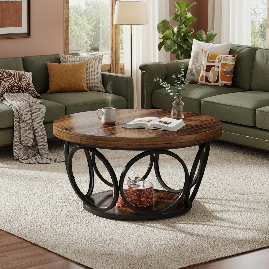 Image of Round Coffee Table, 80cm Round Wooden Table, Farmhouse Large Round Living Room Table With 2 Levels Storage, Modern Tea Table