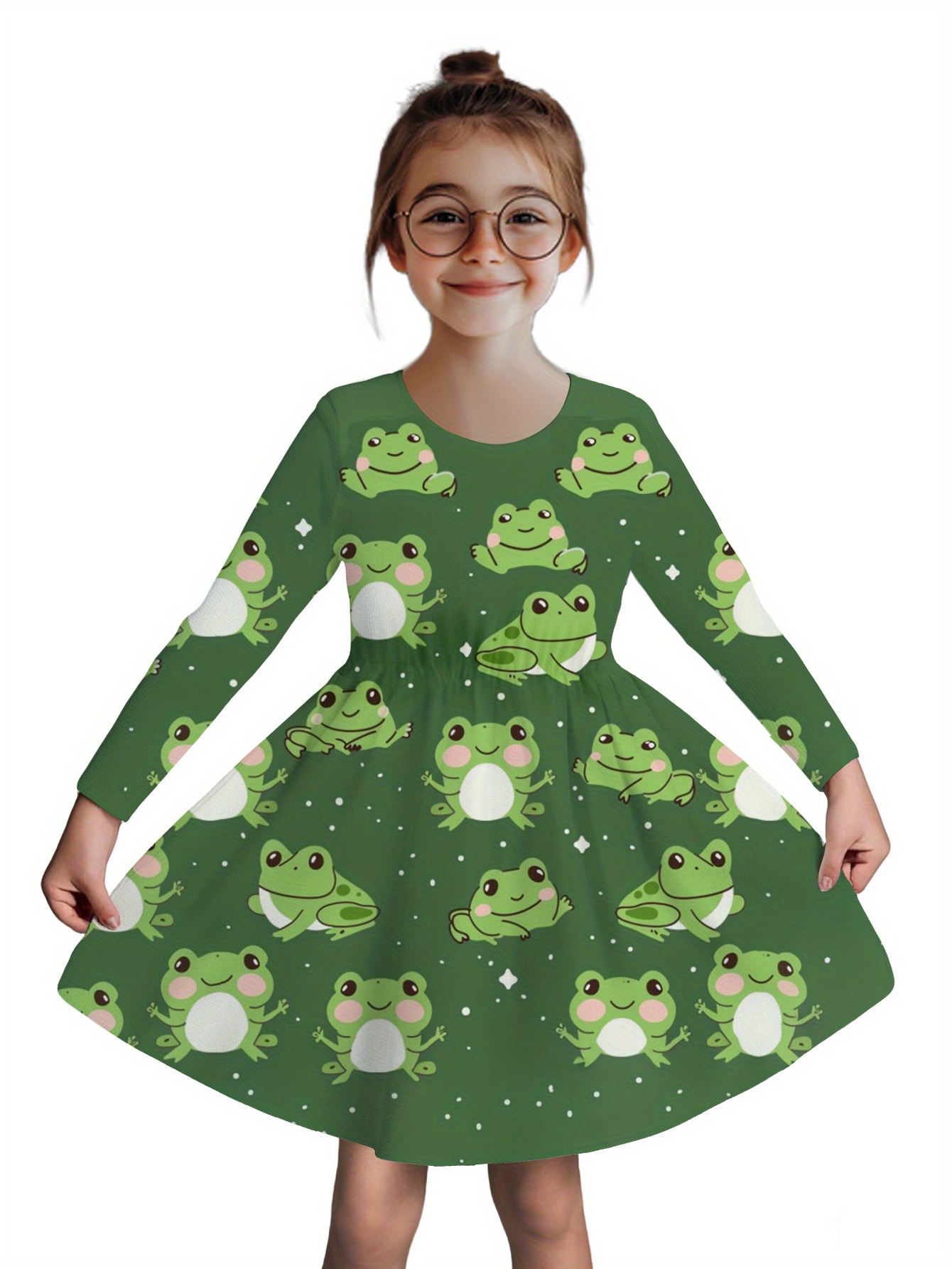 girls long sleeve dress with cute frog print green white casual     polyester fabric   spring summer fall and winter ideal for birthdays holidays and outdoor activities casual wear dress   print dress   dresses for girls mixed color 0