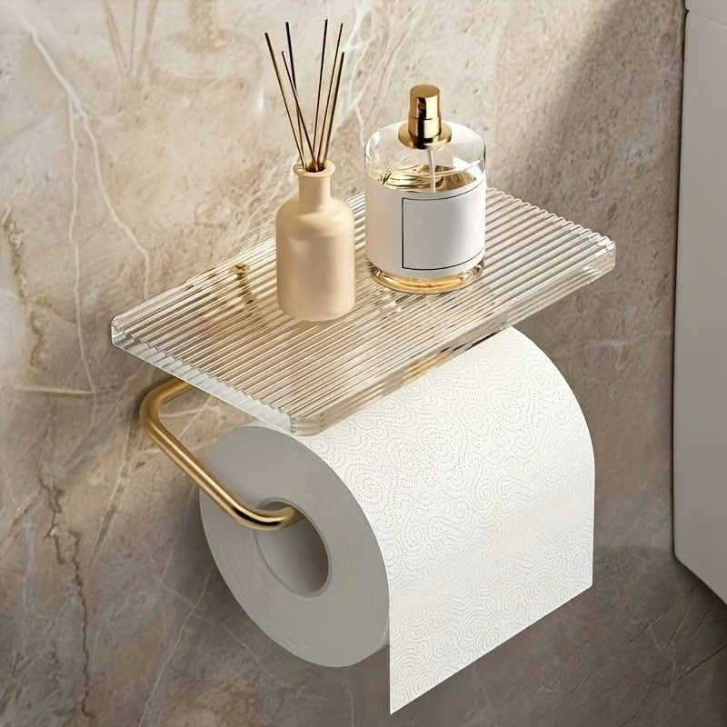 1pc Modern Acrylic Toilet Paper Holder With Storage Shelf - No-drill, No-electricity Bathroom Organizer For Phones And Tissue, Easy Installation, Luxury Design