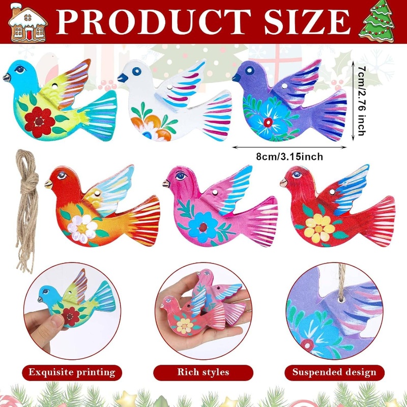 TEMU 6 stuks Mexicaanse Volkskunst Vogel Ornamenten - Handgeschilderde Houten Hangers, 2D Enkelzijdig met Gekleurde Papier Uitsparingen (Rood, Groen,