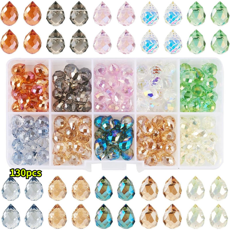 TEMU 8x10mm 130pcs Mixed Colors Crystal Teardrop Glass Beads Transparent Water Drop Glass Beads Colorful Top Drilled Drop Chandelier Charms For