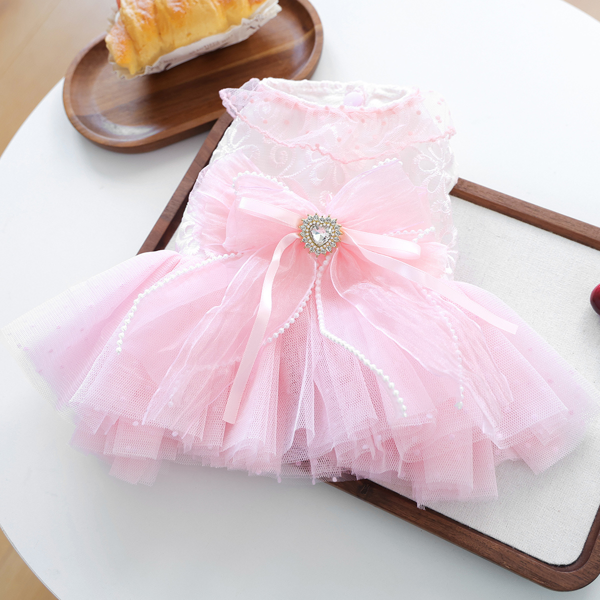 TEMU Style Pet Lace Puff Wedding Dress, Small Spring Summer Peach Pink Mesh Gown, Rhinestone Bow Button , Teddy Corgi Ragdoll British Shorthair