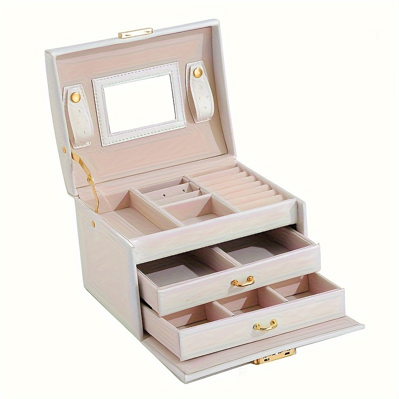 1pc Caja Organizadora de Joyería Elegante con Candado - 3 Niveles, Gran Capacidad en Cuero Sintético para Aretes, Anillos, Collares y Accesorios, Cajones Forrados en Terciopelo, Diseño Rectangular Clásico para Toallador o Mesa de Maquillaje, Regalo para San Valentín/Día de la Madre, Construcción en Cuero Sintético