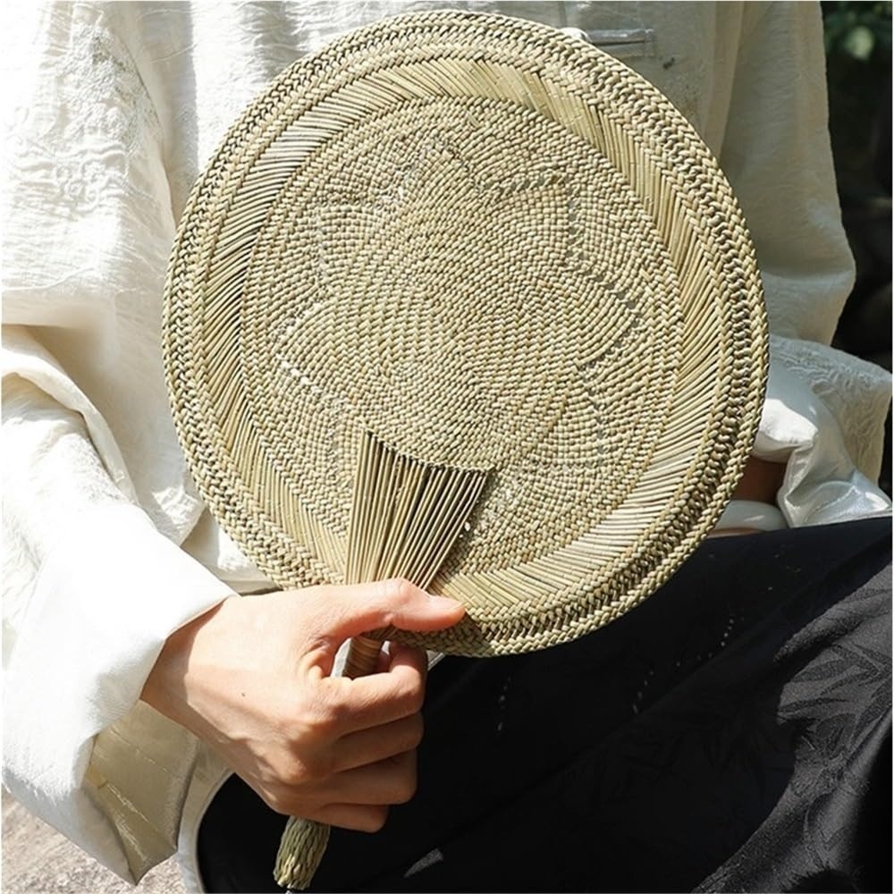 Image of Chinese Rattan Hand Fan, Summer Hand-woven Handheld Decorative Round Fan, Woven Straw Hand Fan Fans (8.7''/22cm)