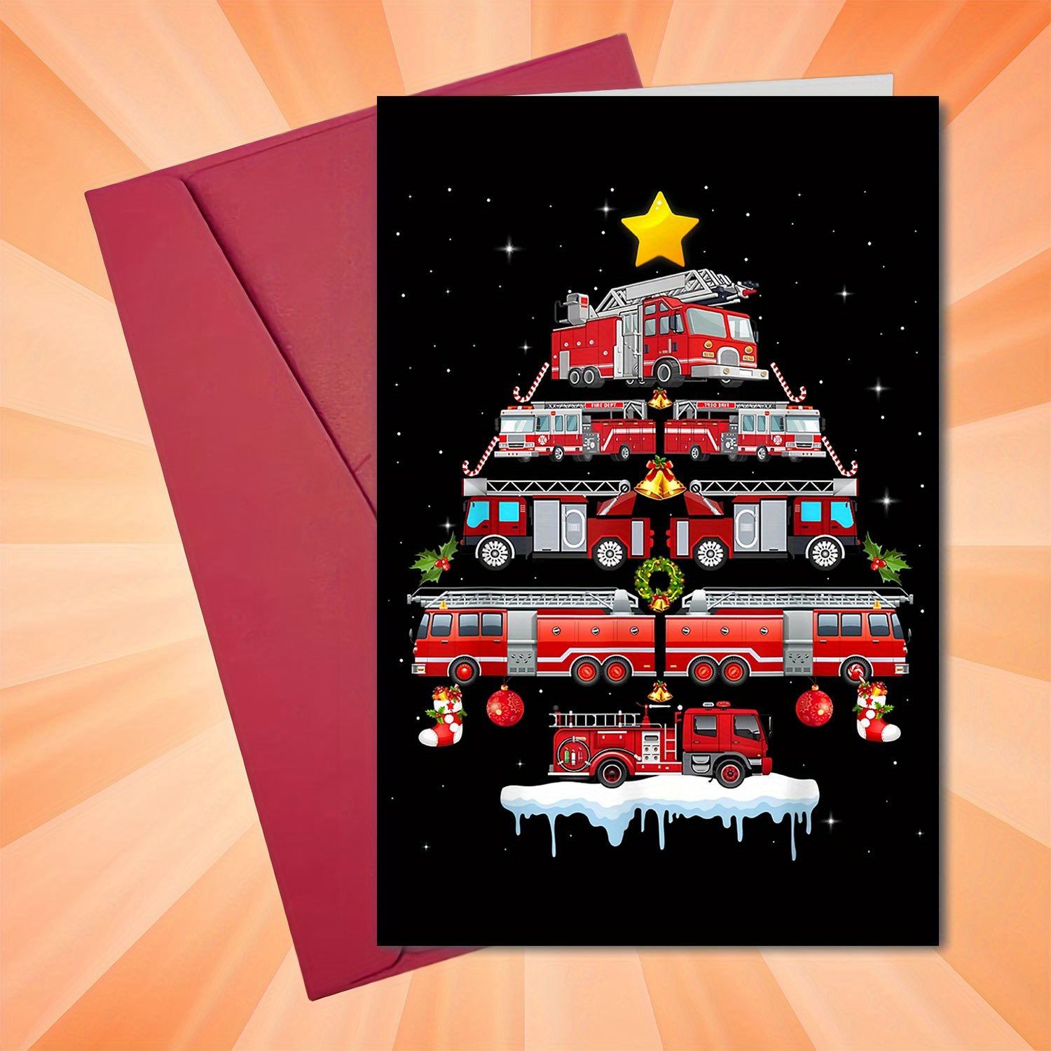 Unique Firefighter Christmas Greeting Card With Envelope - Holidays, Birthdays & Celebrations - Featuring Santa & Fire Truck Design - Ideal Gift For Family, & Colleagues