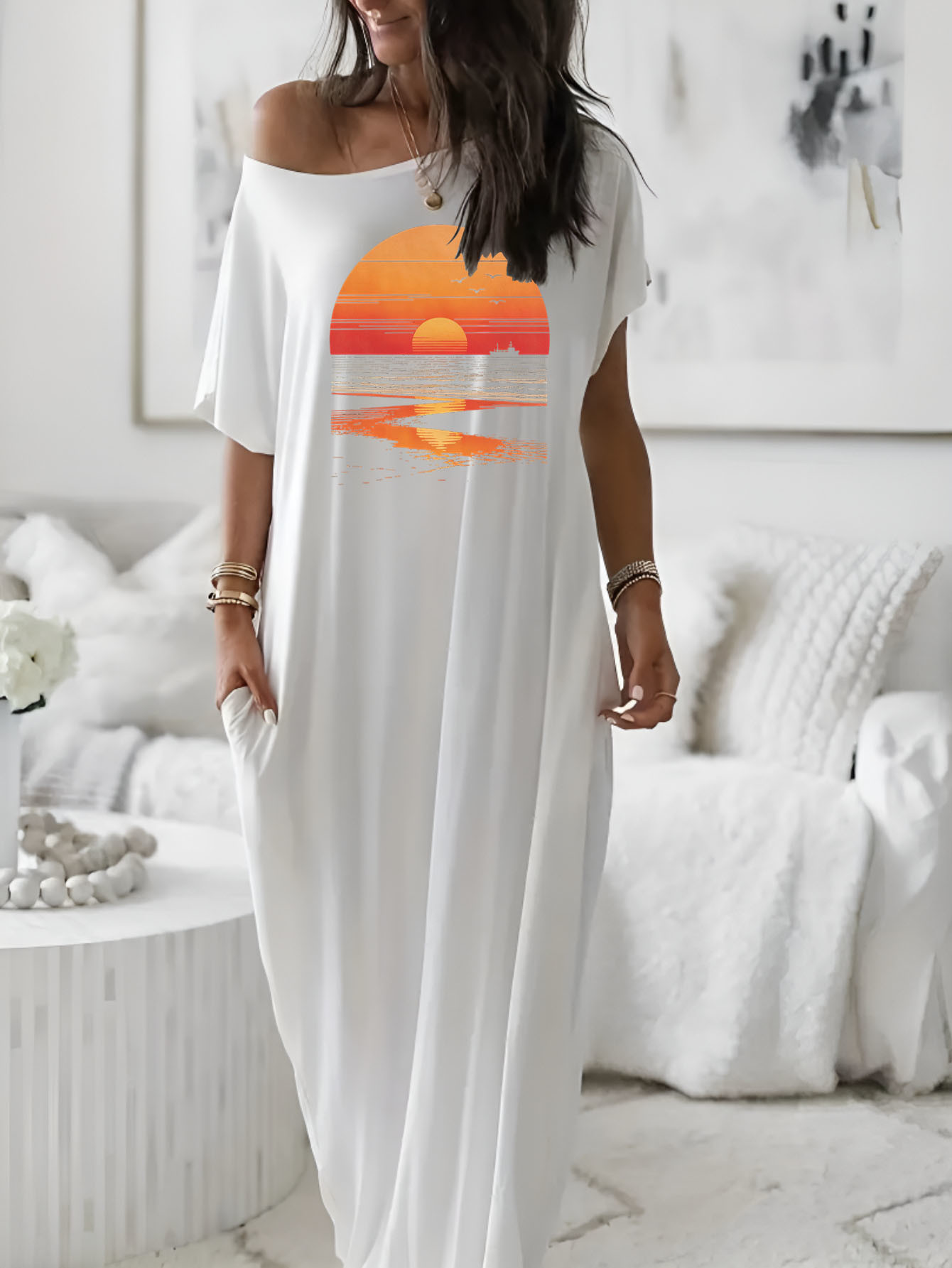 beach maxi dresses with sleeves 2017 New Summer Dress Women Rose Print Dresses O-Neck 3/4 Sleeve Tunic main image 0