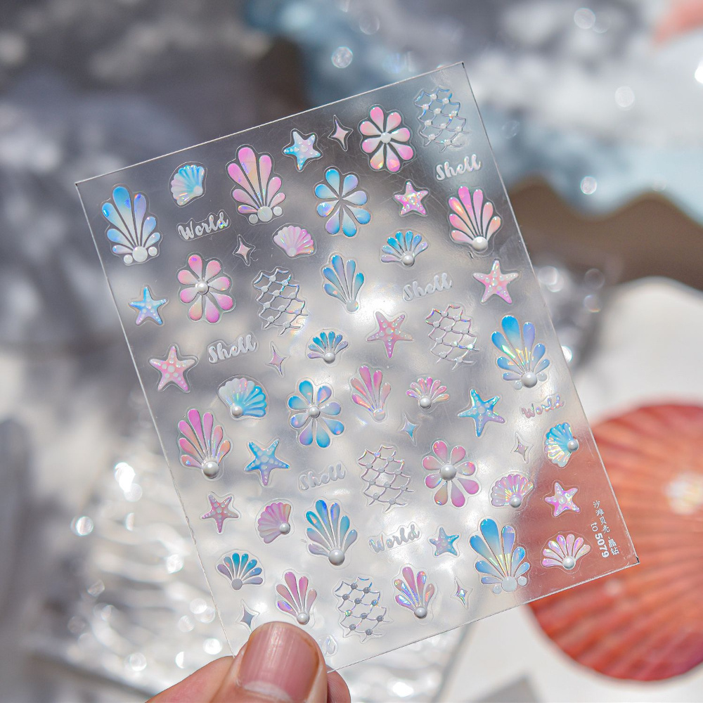 1pc 5d Embossed Aurora Beach Shell With Pearl Summer Ocean Theme Nail Art Sticker Decal Self-adhesive Nail Sliders For Women And S, Nail Art Decoration