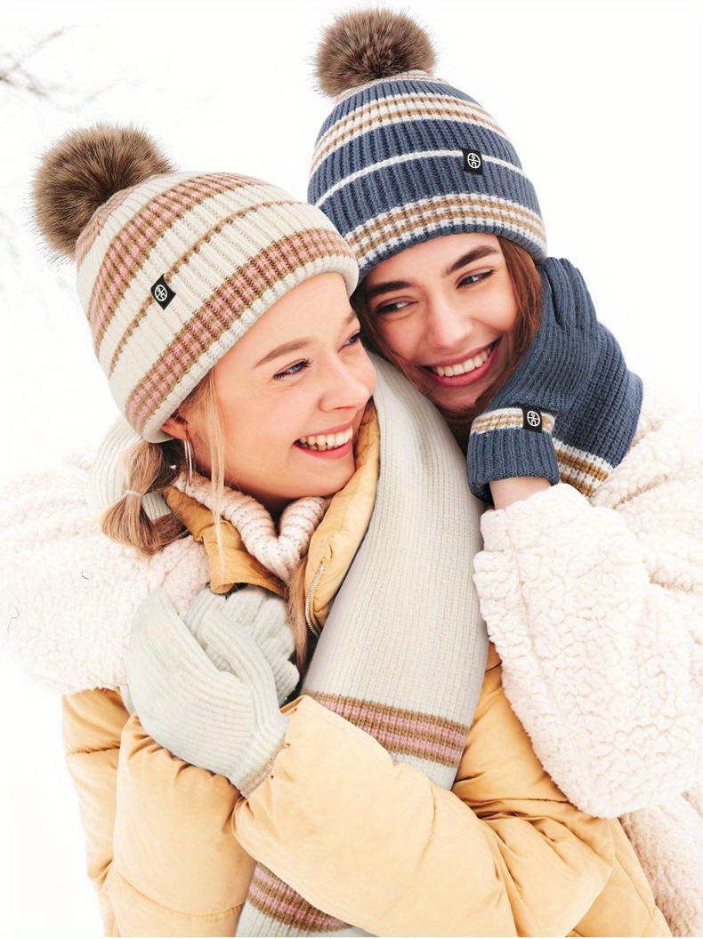 womens winter warm knitted beanie set scarf gloves striped  display picture 2