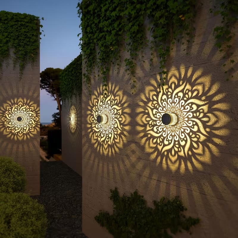 2 pack outdoor solar wall lights color changing mysterious mandala metal hollow exterior wall lamps suitable for wall farm porch fence lawn and tabletop atmosphere decoration beautiful christmas valentines day and birthday ornaments