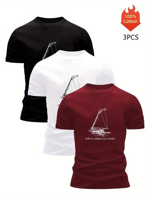 3pcs mens summer casual t shirts cotton navy blue white gray with sailboat on a boat print round neck short sleeve lightweight breathable for casual attire boat shirt