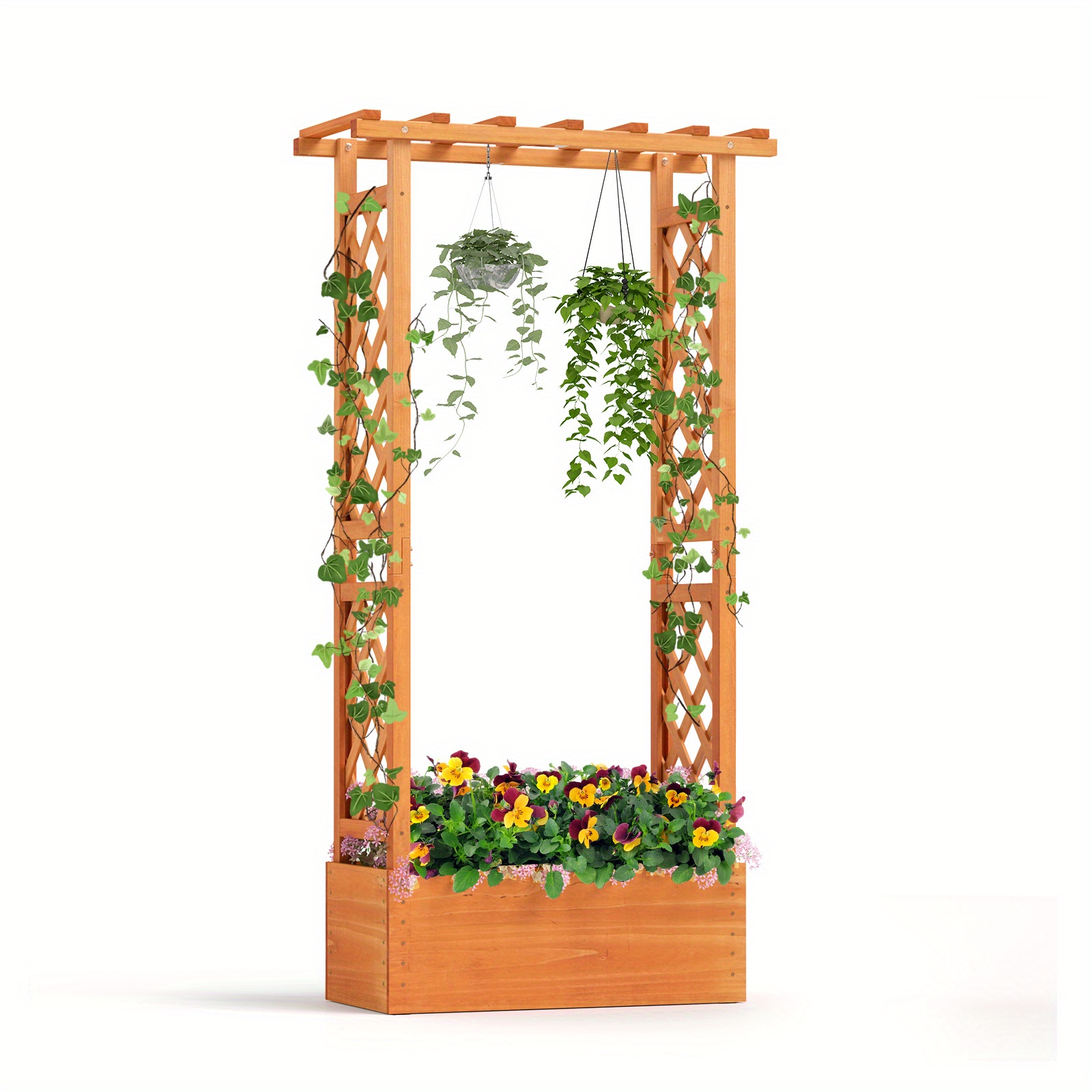 Raised Garden Bed With Trellis, Wood Freestanding Planter Box With Hanging Roof, Drainage Holes For Climbing Plants