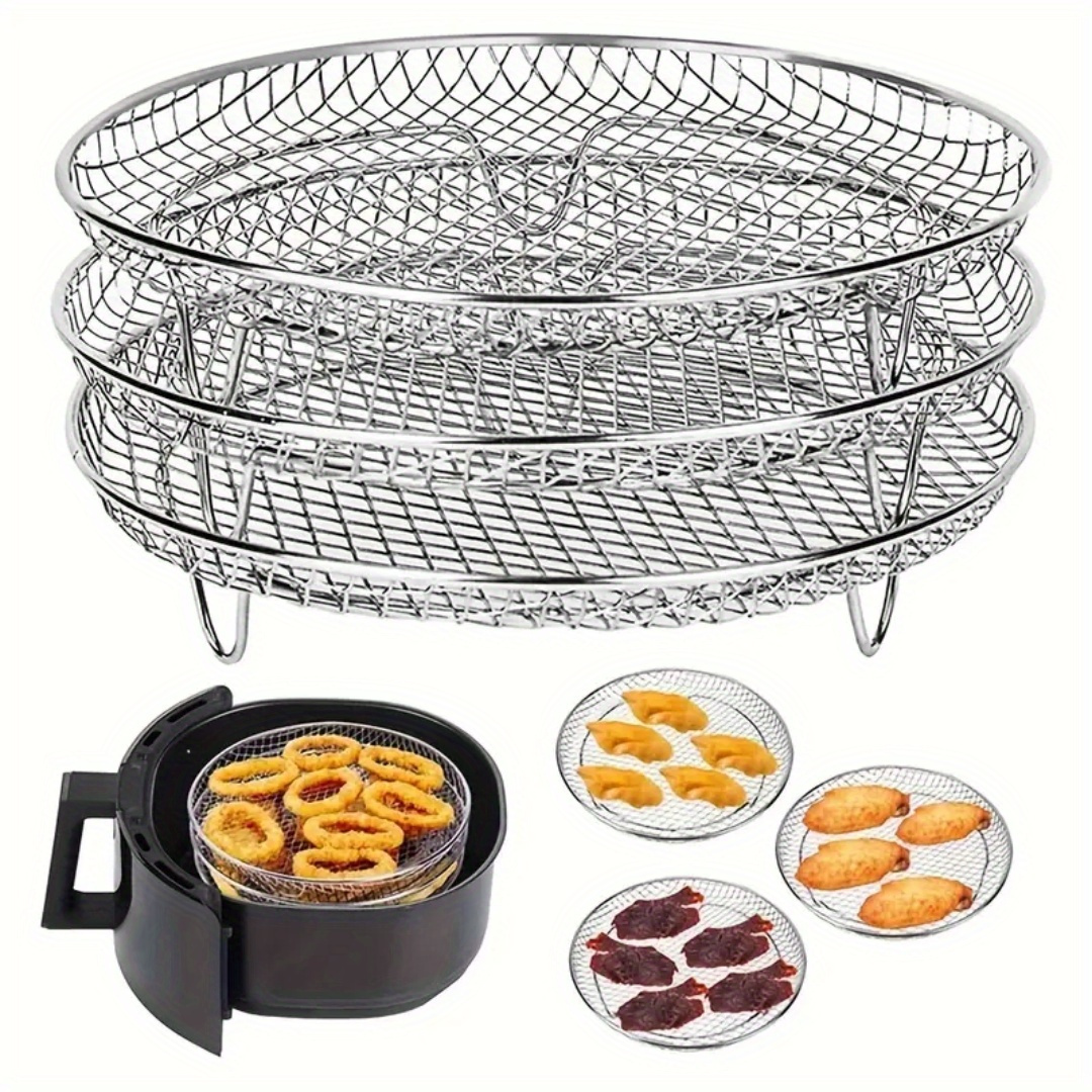 Image of 3-layer Stainless Steel Air Fryer Accessories Suit-stackable, Suitable For Oven And Fryer, Dishwasher Washable, For Healthy Holiday Baking