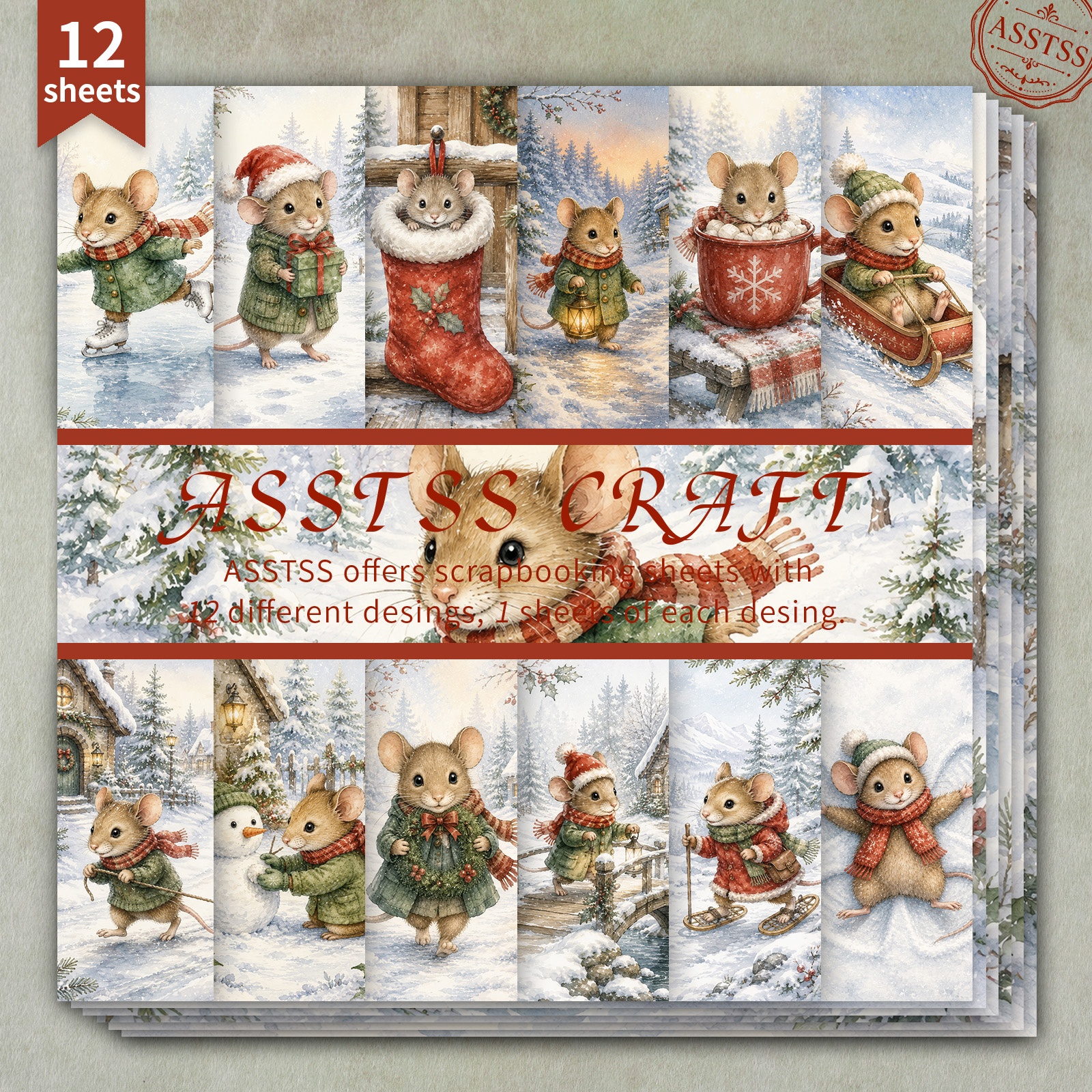 TEMU Lot de 12 feuilles de papier scrapbooking ASSTSS de 6X6 pouces, papier cadeau d'hiver avec scène de neige et style de Noël, papier de base,