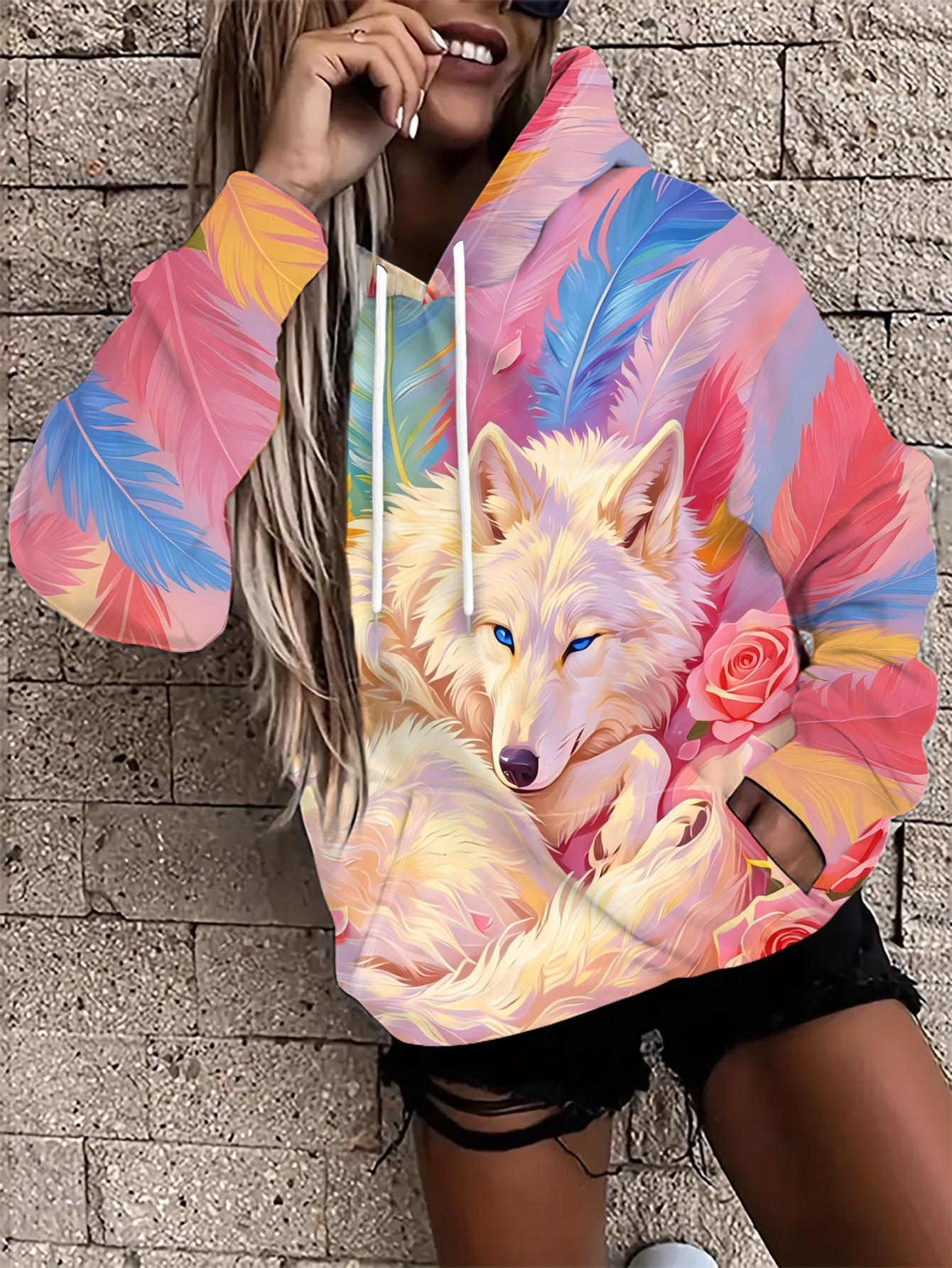 immagine dell'articolo felpa con cappuccio da donna con stampa - design stampato, non texturizzato,  , con stampa di animali dei    , casual,   e adatta a tutti gli abiti