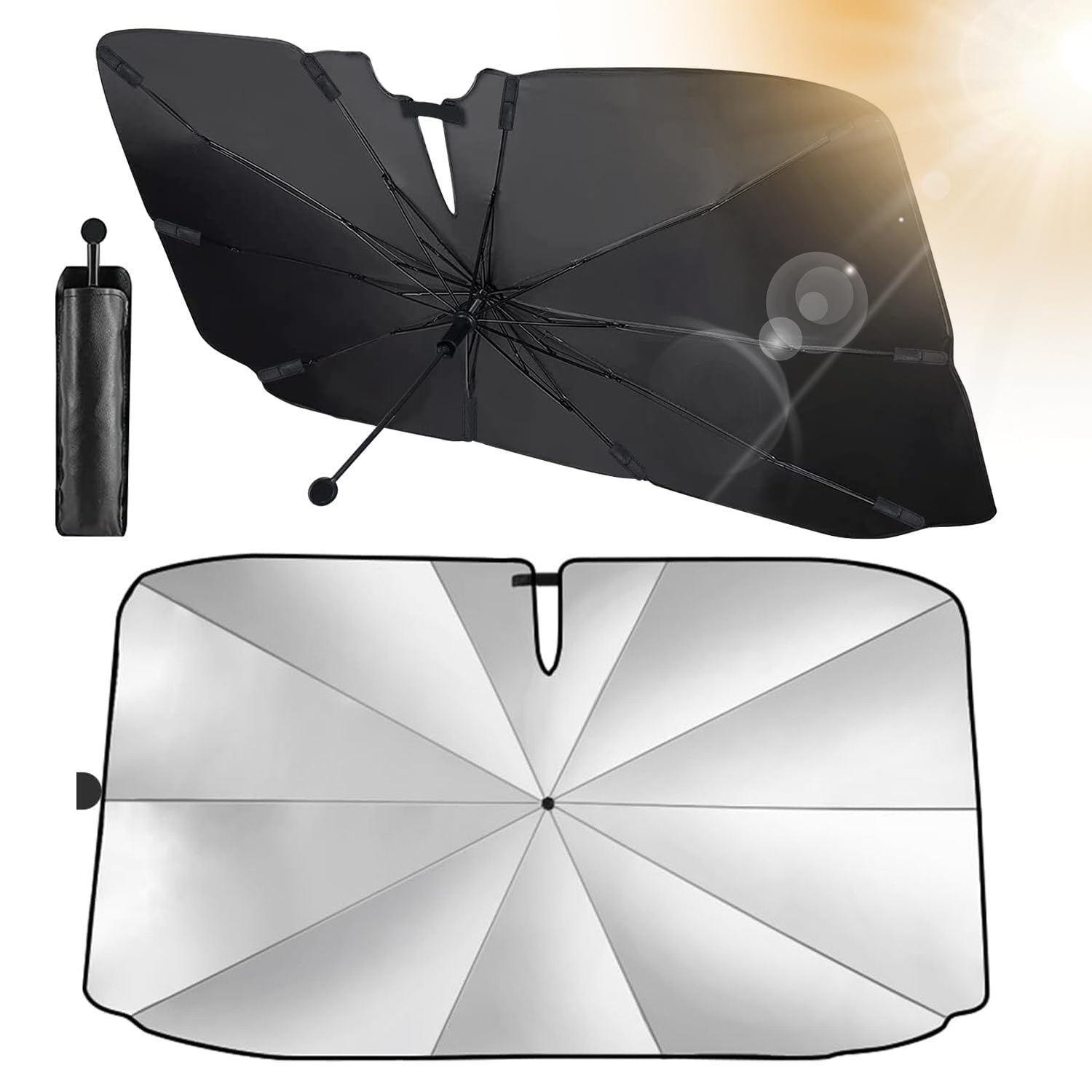 1 Piece Of A Collapsible Black Sunshade For Car Windshields Featuring -degree Rotating Handle And A Carbon Fiber Frame For Sun Protection